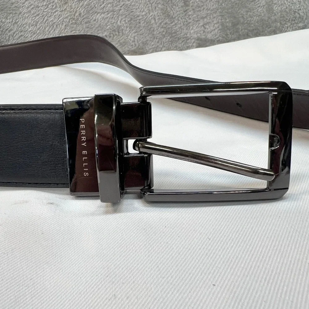 Perry Ellis Mens Reversible Belt Black Brown Gunmetal Buckle Size 36 Office Wear